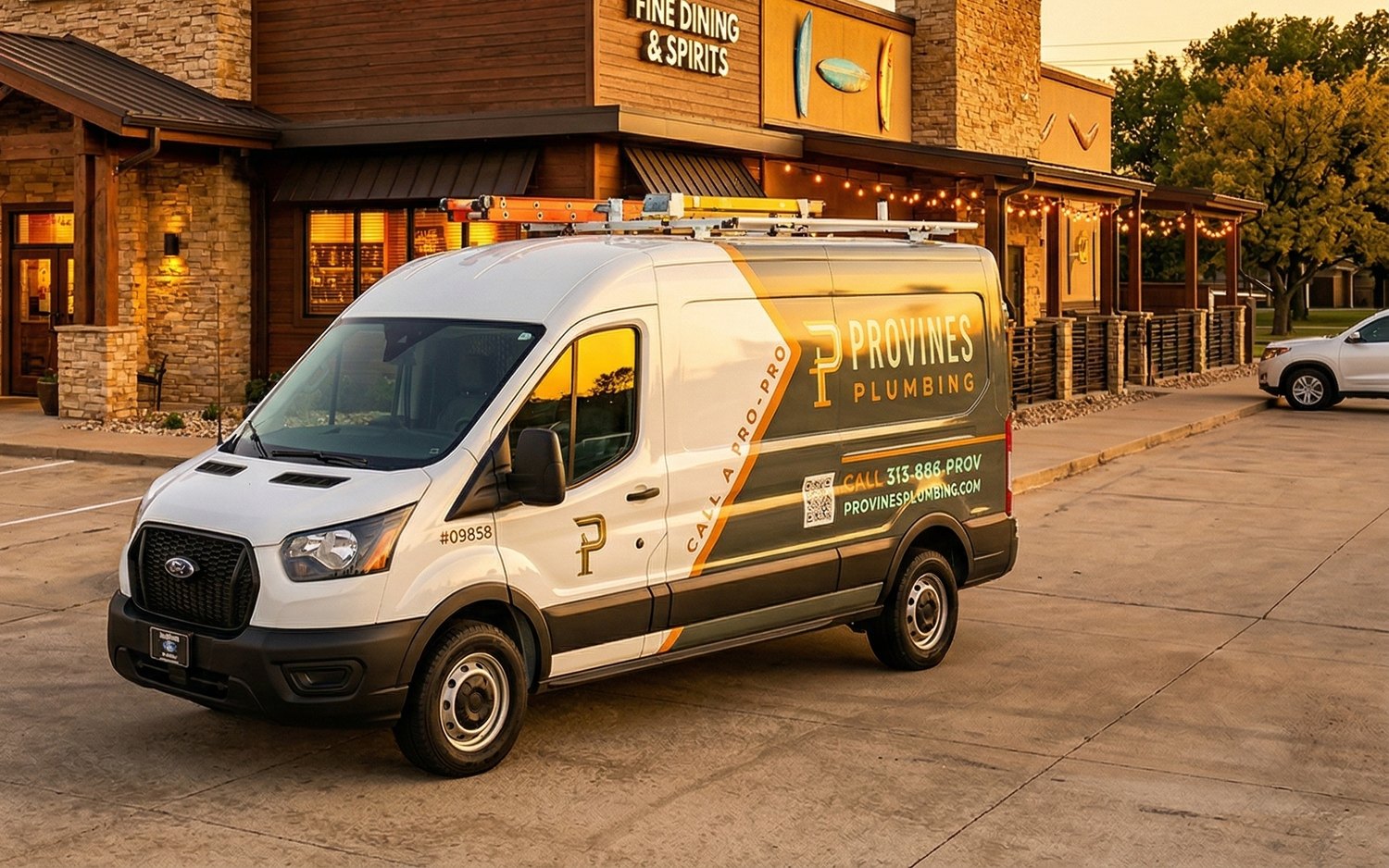 Provines Plumbing wrapped Ford Transit fleet van in copper and charcoal