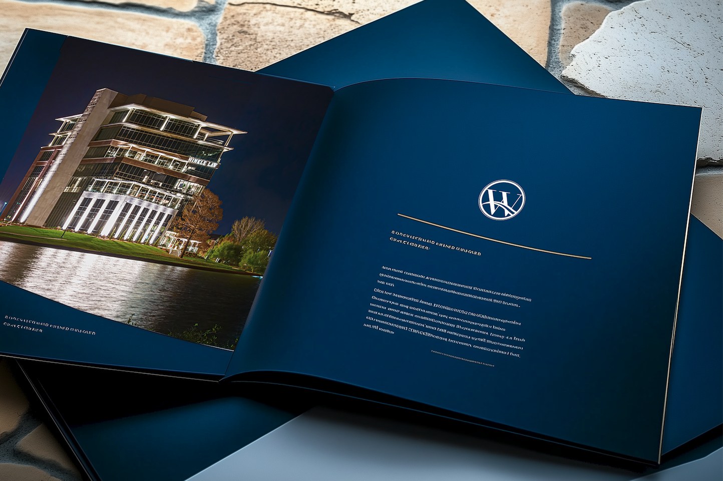 The Waterfront — Hinkle Law commemorative book with foil monogram and the building at the water's edge