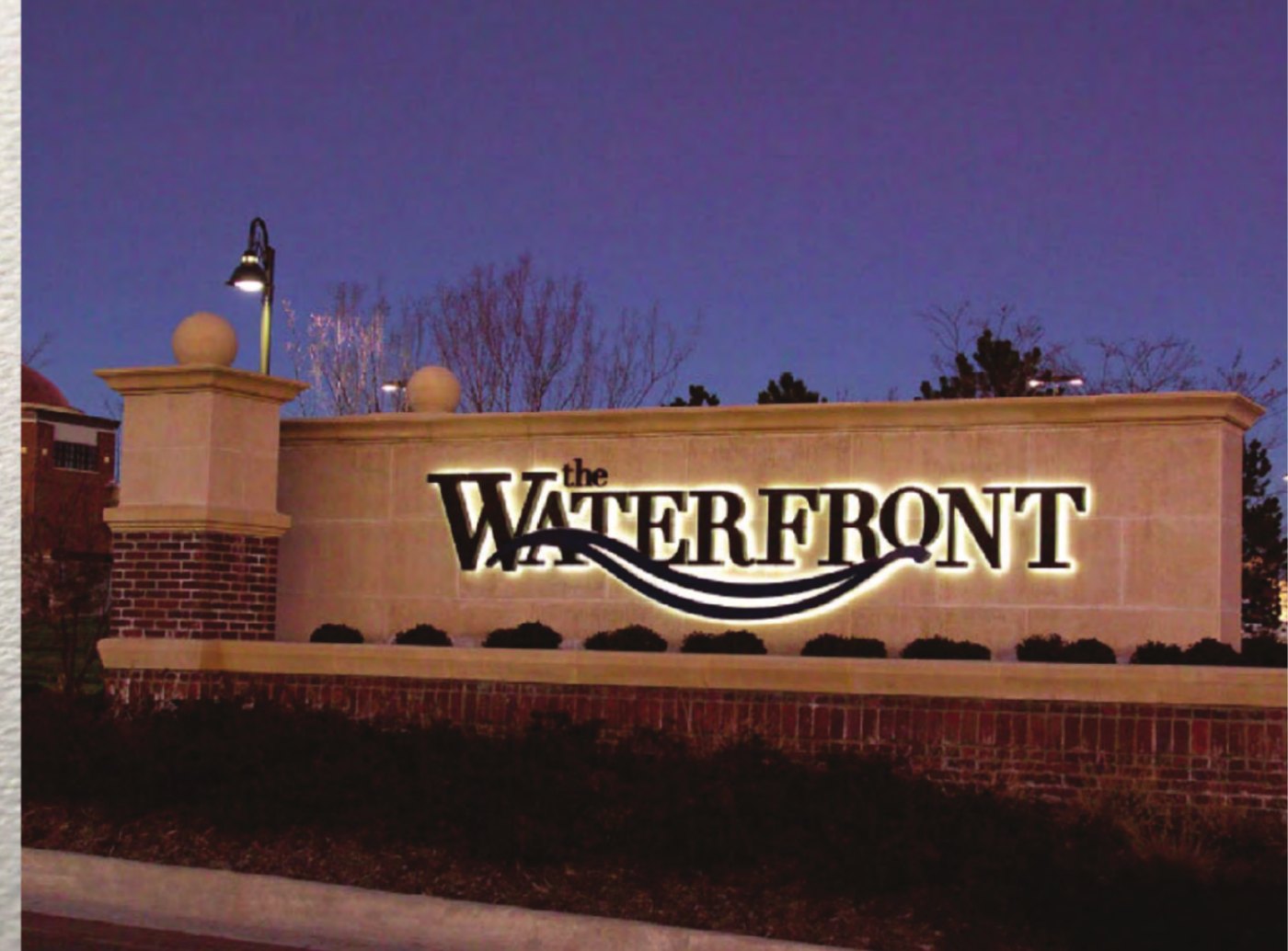 The Waterfront monument signage at night